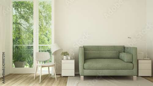 Living room in home and nature view - Relax area in living room and forest view background - Interior simple design for residential artwork - 3D Rendering