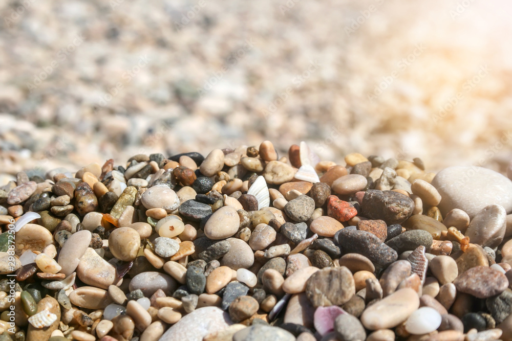 Small colored sea pebbles and shells against a blurred background on a sunny day Small colored sea pebbles and shells against a blurred background on a sunny day