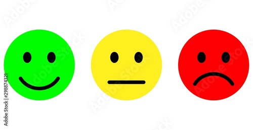 Vector illustration of facial expressions - smiley icon set. Emoticons positive, neutral and negative (red, yellow and green different moods). Rating smile for customer opinion.
