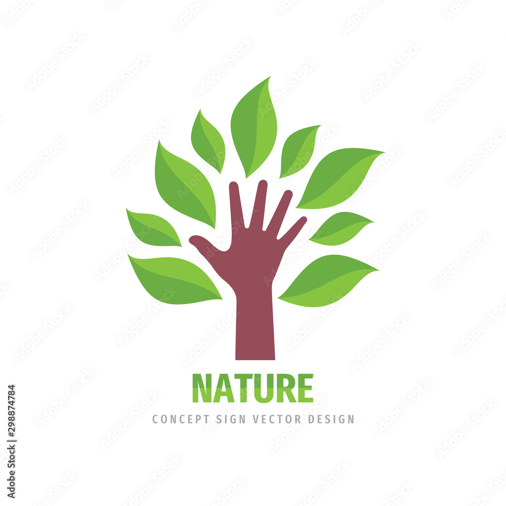 Tree and human hand logo template design, green leaves concept vector sign. Tree and human hand logo template design, green leaves concept vector sign.