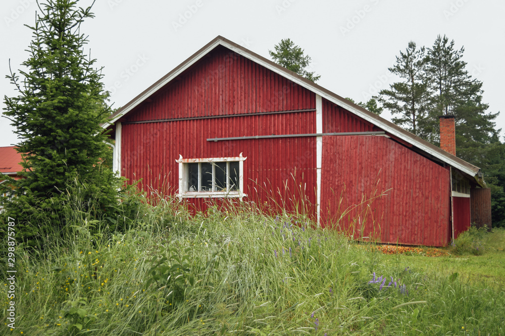 Red barn with chimney at finnish countryside strawberry farm summer overcast rainy day, green grass and coniferouse tree Red barn with chimney at finnish countryside strawberry farm summer overcast rainy day, green grass and coniferouse tree