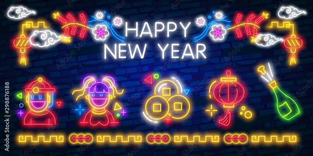 Big collection design card for Chinese New Year. Chinese New Year neon sign, bright signboard, light banner. Chinese logo neon, emblem. 2020 Chinese. Vector illustration