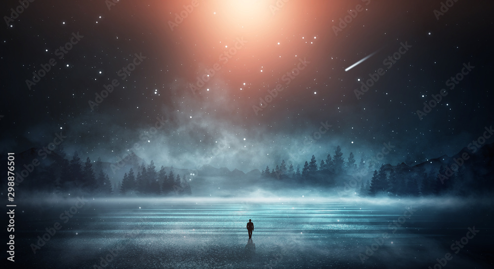 Futuristic night landscape. Dark forest, river, mountains, reflection of night, moonlight on the water. Dark abstract landscape, neon light. - obrazy, fototapety, plakaty 