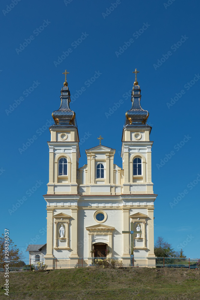 Obraz premium Ukrainian Greek Catholic Church of the Nativity of Blessed Virgin Mary in Krynytsya, Ternopil Oblast, Ukraine, GPS 49.05364, 25.10779. Stone religious building of Christian Cathedral.
