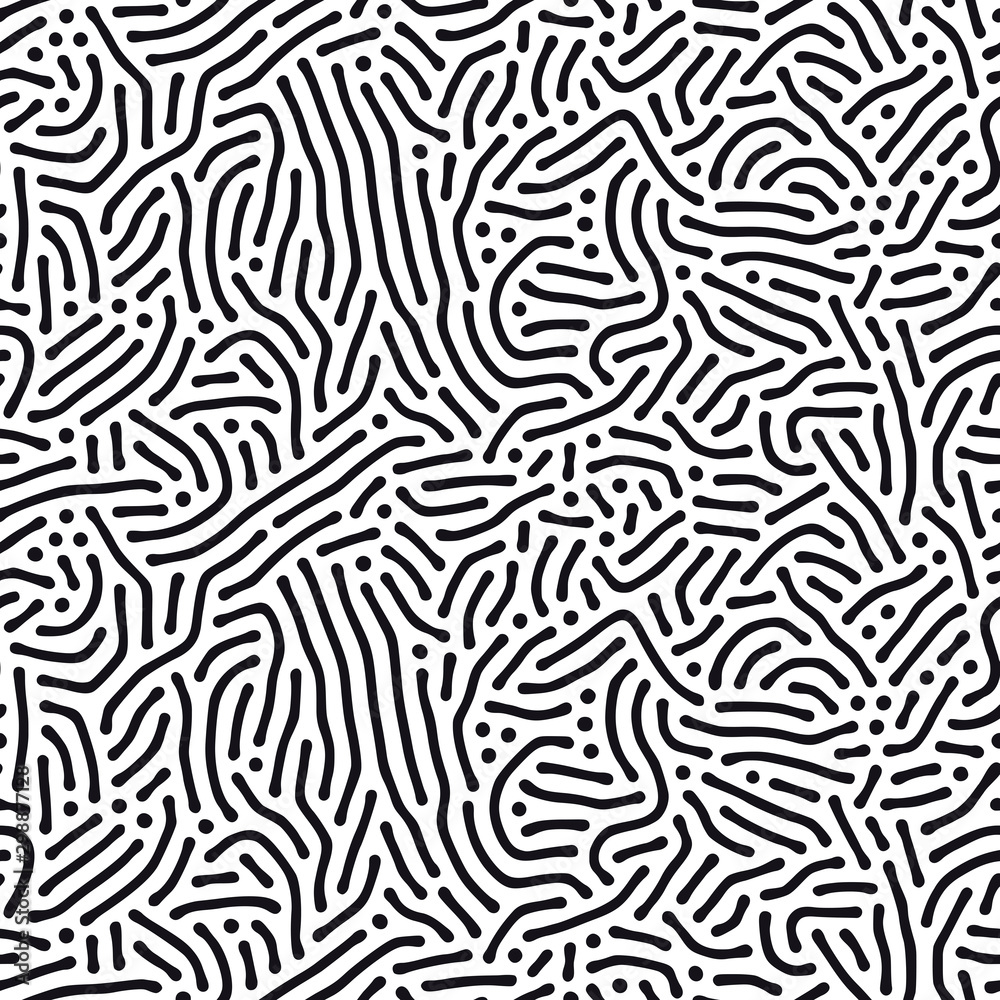 Organic background with rounded lines. Diffusion reaction seamless pattern. Linear design with biological shapes. Abstract vector illustration in black and white.
