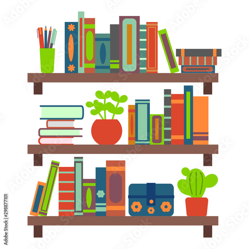 Cartoon Color Different Brown Bookshelves on a Wall. Vector