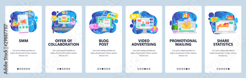 Mobile app onboarding screens. Digital media marketing, business analytics, video promotion and advertisement. Vector banner template for website and mobile development. Web site flat illustration