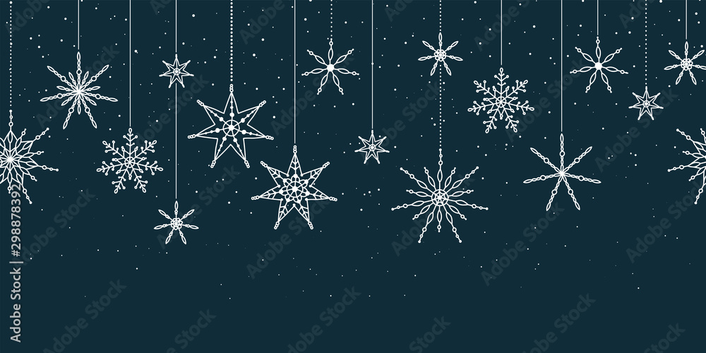 Elegant Snowflakes horizontal seamless pattern, hand drawn stars - great for textiles, wallpapers, invitations, banners - vector surface design
