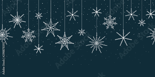 Elegant Snowflakes horizontal seamless pattern, hand drawn stars - great for textiles, wallpapers, invitations, banners - vector surface design