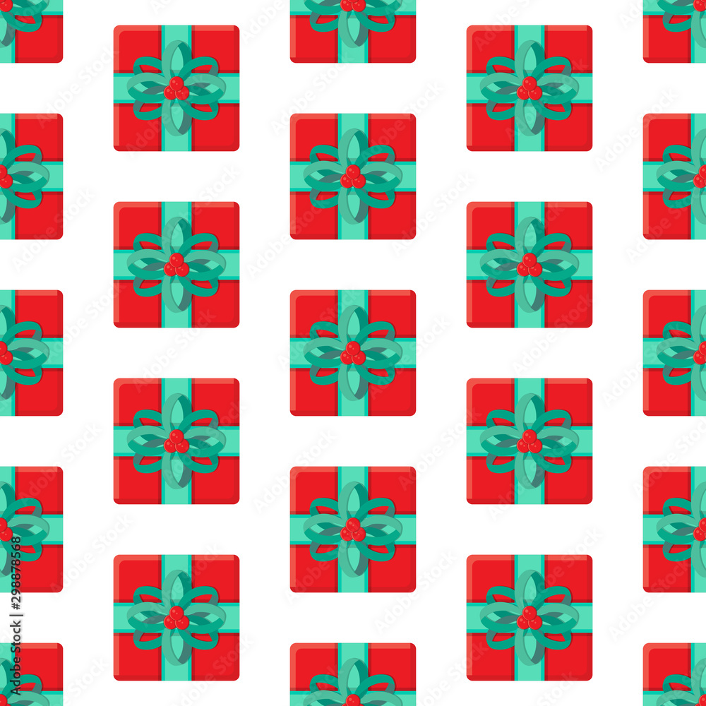 Seamless pattern different gift boxes in vector. Gift in flat style. Collection for Christmas, birthday and holidays. Christmas and new year background. Present box with bow. Cartoon Seamless pattern different gift boxes in vector. Gift in flat style. Collection for Christmas, birthday and holidays. Christmas and new year background. Present box with bow. Cartoon