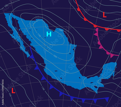 Mexico.Weather map of the Mexico. Meteorological forecast on a dark background. Realistic and Editable synoptic map of the country showing isobars and weather fronts. Vector illustration. EPS 10