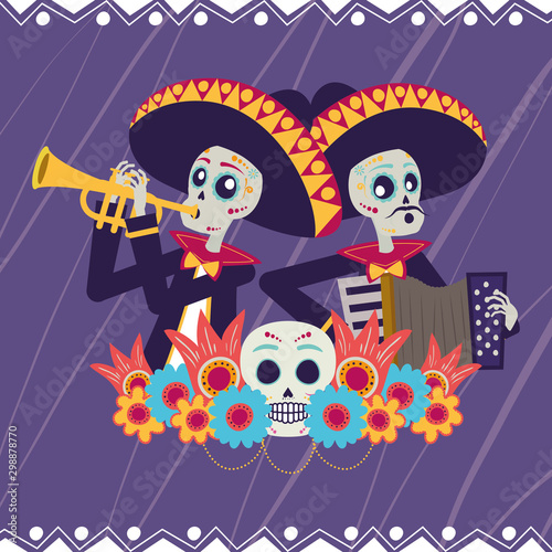 dia de los muertos card with mariachis skulls playing trumpet and accordion