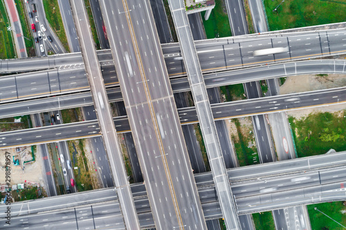 Intersection city road look down view with car and vehicle movement