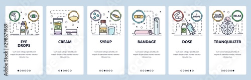 Mobile app onboarding screens. Medical icons, eye drops, drugs, syrup, syringe. Menu vector banner template for website and mobile development. Web site design flat illustration