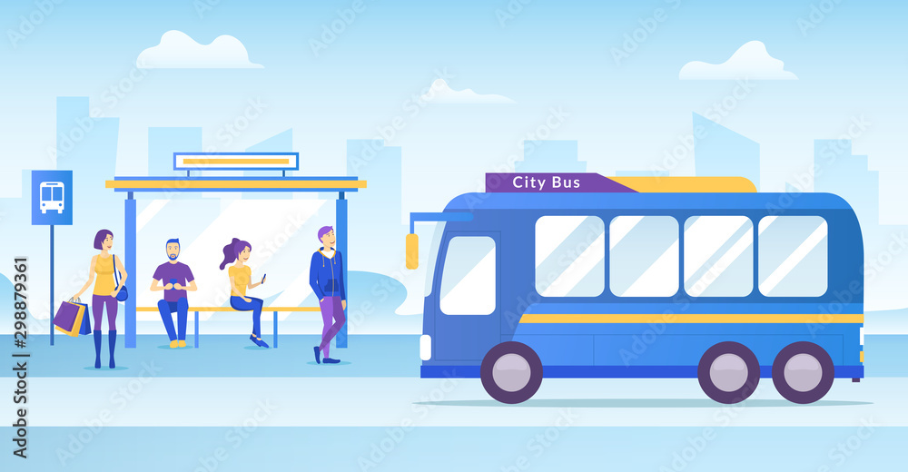 Cartoon Color Characters People Passengers Waiting Bus Concept. Vector
