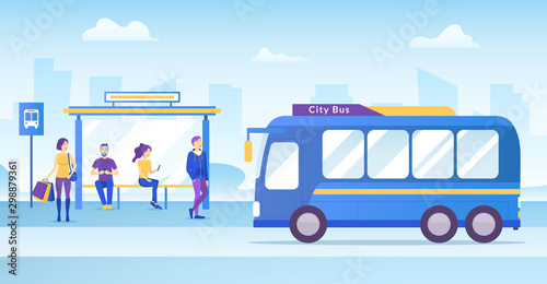 Cartoon Color Characters People Passengers Waiting Bus Concept. Vector © bigmouse108
