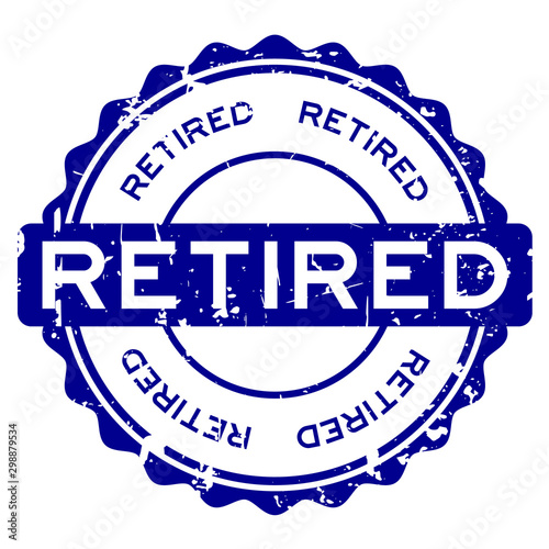 Grunge blue retired word round rubber seal stamp on white background