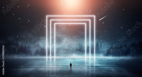 Fototapeta Naklejka Na Ścianę i Meble -  Futuristic night landscape. Dark forest, river, mountains, reflection of night, moonlight on the water. Dark abstract landscape, neon light.