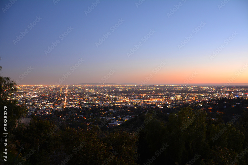 Los Angeles city lights after sunset.