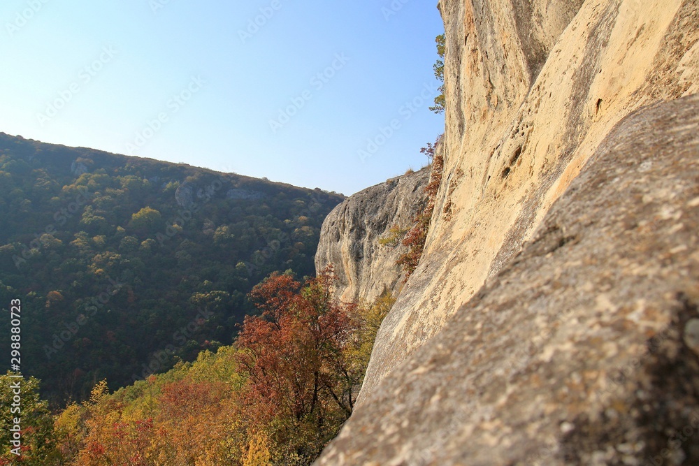 View of the autumn forest from the height of Hankrumski manastir (Shumen plateau, Bulgaria)