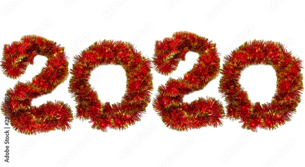 Symbol of the New Year from Christmas tinsel, holiday numbers isolated on white background.