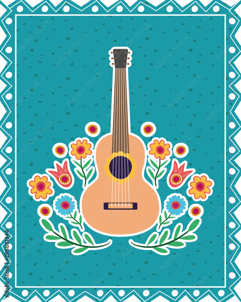 dia de los muertos card with guitar and flowers