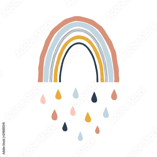 Decorative childish rainbow illustration. Colorful Arch with droplets paper cut simple composition. Kid-like weather drawing. Gender-neutrat nursery idea.