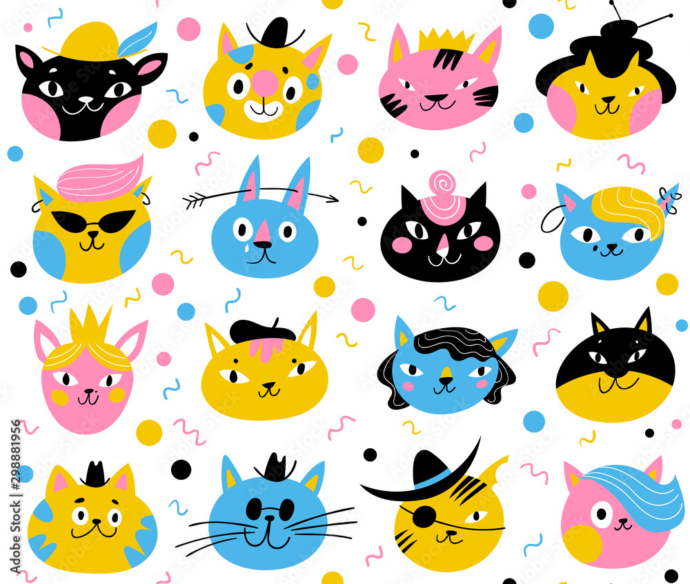 Vector seamless pattern for textile or backgroung paper with cats characters Vector seamless pattern for textile or backgroung paper with cats characters