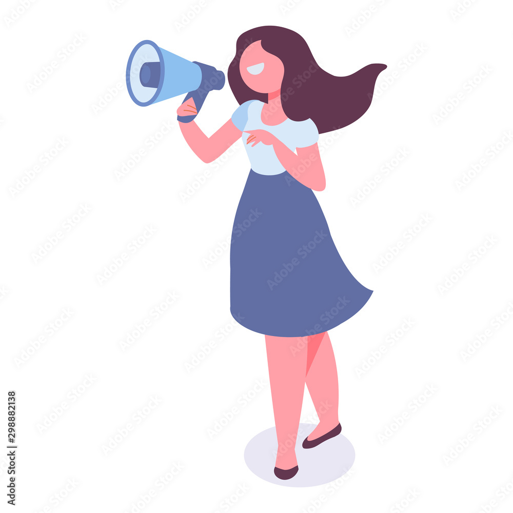 Isometric woman in skirt with loudspeaker. Vector isolated character. Isometric woman in skirt with loudspeaker. Vector isolated character.