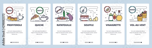 Mobile app onboarding screens. French cuisine and food, profiterole, ratatouille, souffle. Menu vector banner template for website and mobile development. Web site design flat illustration