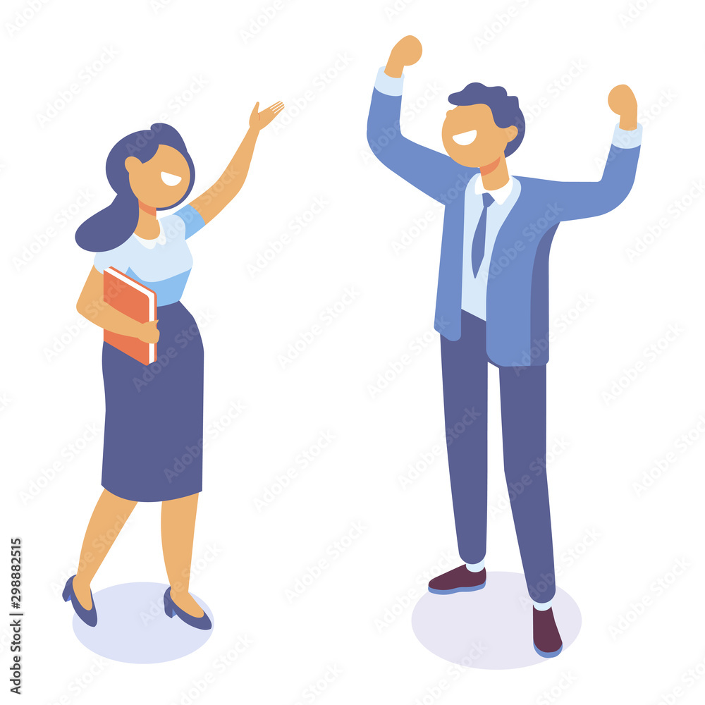 Happy business people celebrate. Success. Team, partners.  Isometric characters isolated on white.