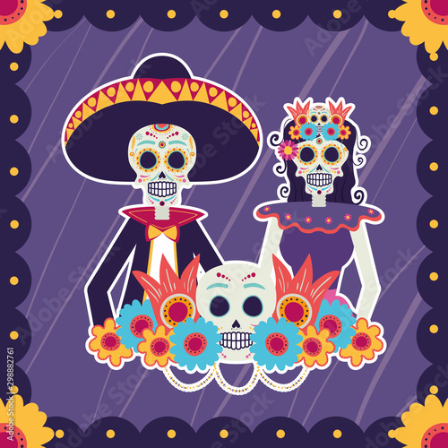 dia de los muertos card with catrina and marichi skulls