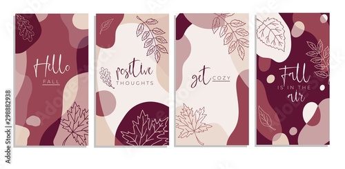 Abstract backgrounds collection hello fall, positive thought, get cozy set vector illustration. Cards with handwritten lettering and foliage. Postcards decorated by autumn leaves symbols