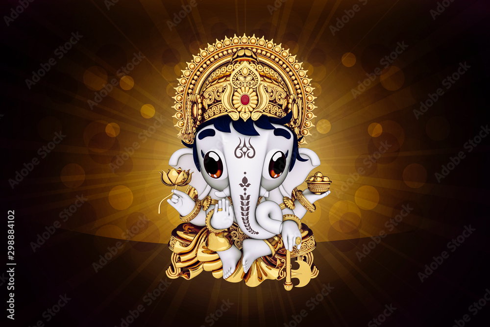 White Cute Ganesha Decorated Dressed in Gold on abstract dark gold bokeh  background 3d rendering. 3D