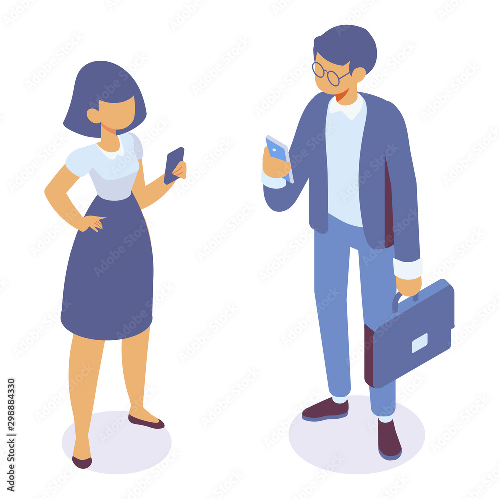 Isometric man and woman standing with phone. Vector isolated isometric character.