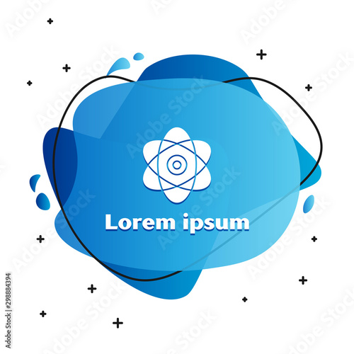 White Atom icon isolated on white background. Symbol of science, education, nuclear physics, scientific research. Electrons and protons sign. Abstract banner with liquid shapes. Vector Illustration