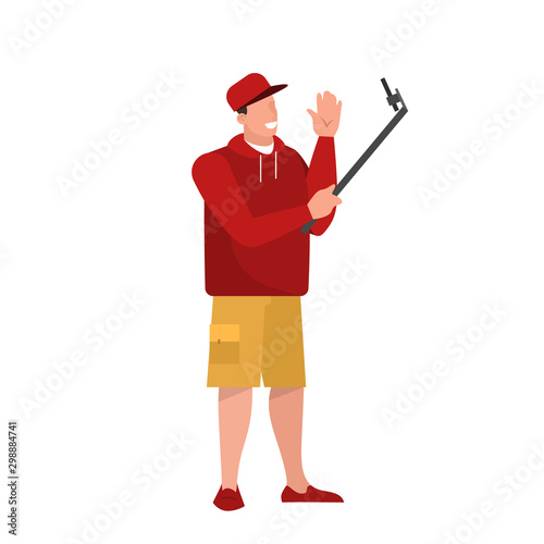 Isolated vector illustration of young blogger recording video