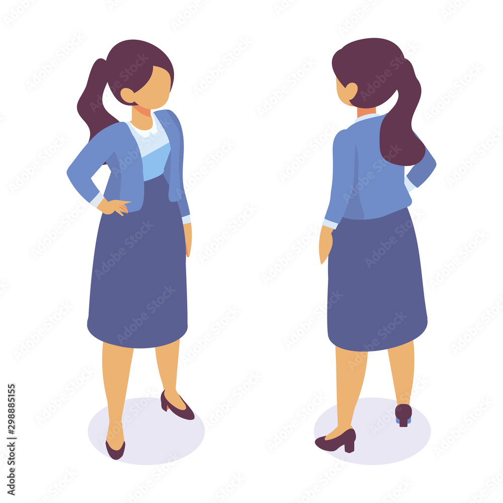 Isometric business woman in a skirt  talking on the phone. Woman boss. Isometric vector isolated illustration.