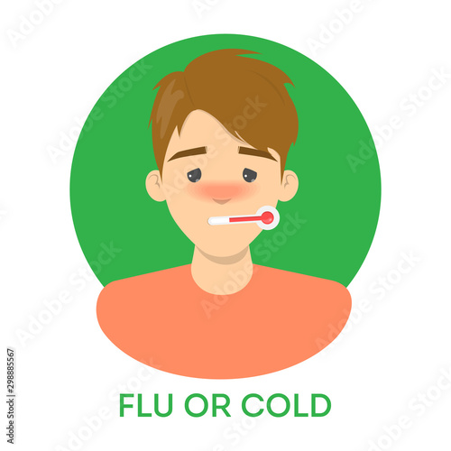 Isolated vector illustration of ill male character. Man having a fever