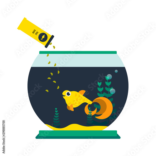 Feeding goldfish in aquarium, isolated flat design vector illustration
