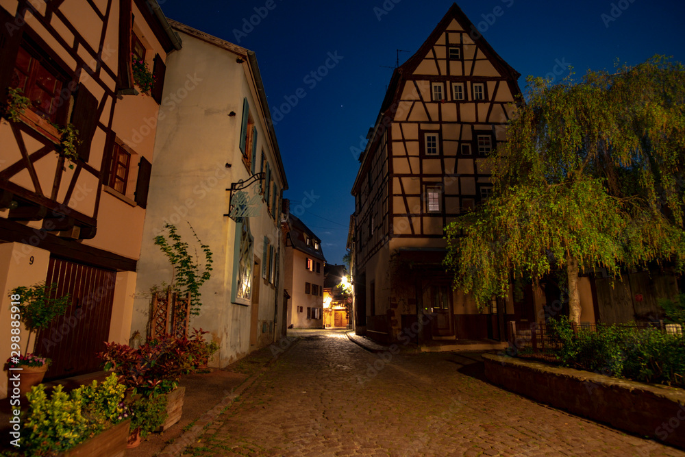 Beautiful night view in Petite Venice with traditional half timbered houses, Colmar, Alsace, France