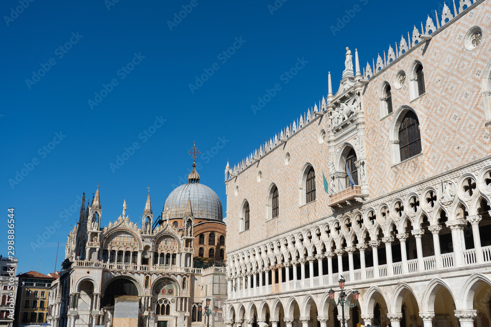 Fragment of the roof with domes. St. Mark's Basilica (Basilica di San Marco) and doges palace. Travel photo. Venice. Italy. Europe.