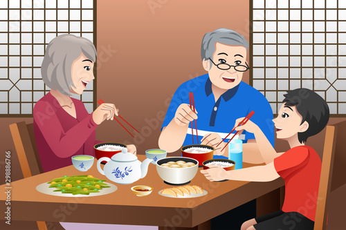 Chinese Kid Eating With His Grandparents Illustration