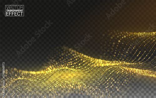 Gold Magic Glitter. Gold Glittering Star Dust Trail Sparkling Particles. 3d Wave Shaped Array of Blended Points. Vector Transparent Background