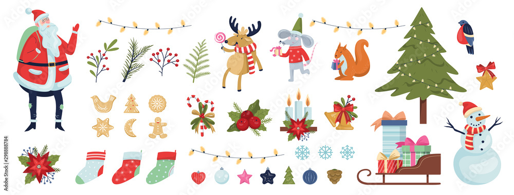 Cute christmas icon set. Collection of new year decoration stuff. - obrazy, fototapety, plakaty 