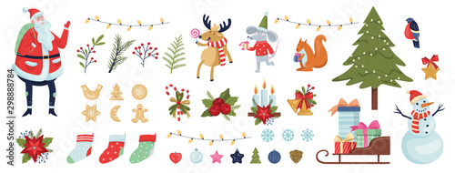 Cute christmas icon set. Collection of new year decoration stuff.