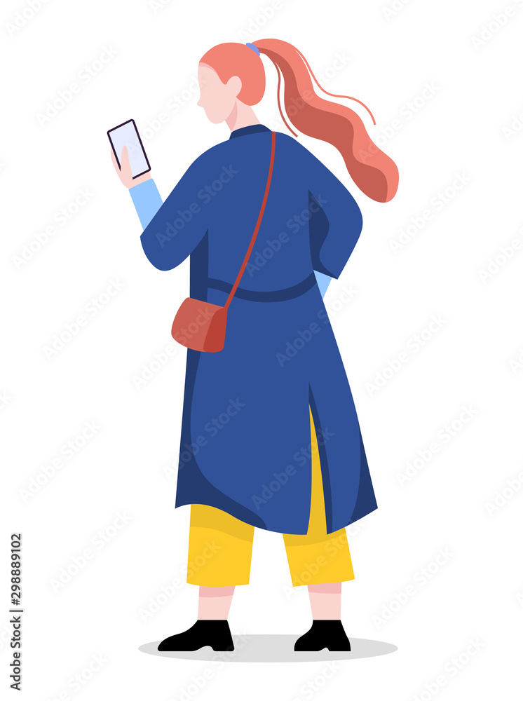 Woman with mobile phone. Female character holding smartphone. Woman with mobile phone. Female character holding smartphone.