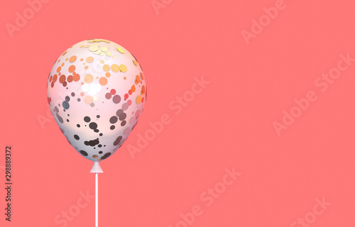 White balloon covered with shiny sequins on coral pastel background 3D illustration with copy space