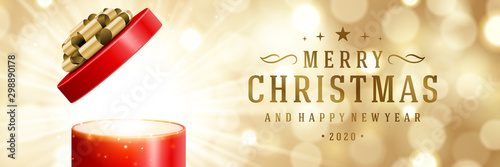 Christmas banner horizontal design template with xmas open gift box and sparkles lights, typographic wish vector illustration