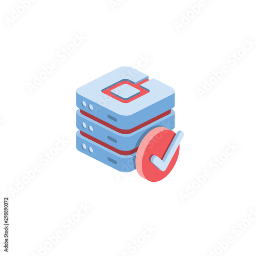 Server check mark. Vector 3d isometric, color web icon, new flat style. Creative illustration design, idea for infographics.